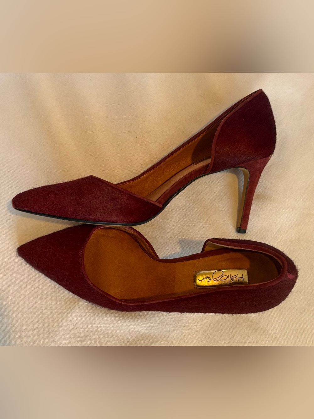 Halogen Calf Hair Wine Red Pointed-Toe Mid Heel Pumps